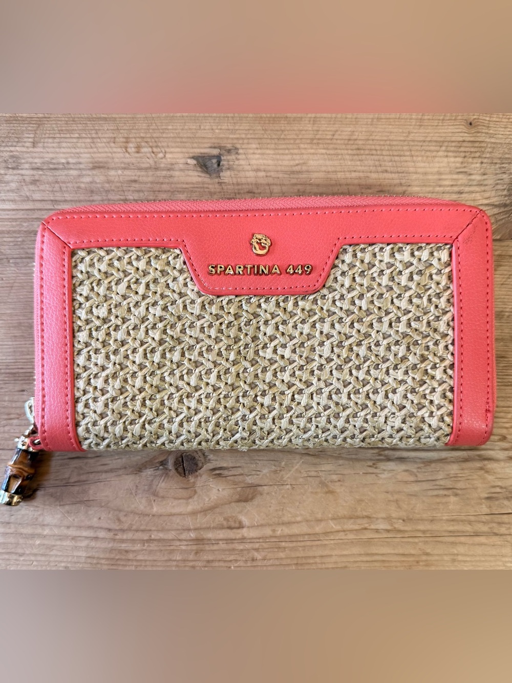 Spartina 449 Coral Woven Bamboo Handle Tote & Matching Wallet Set EUC - Picture 2 of 16